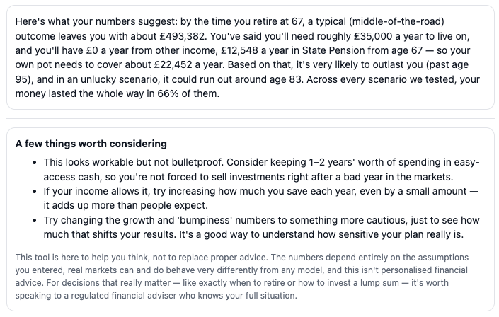 The Retirement Simulator's plain-English summary explaining what the numbers mean, followed by three suggestions for improving the plan.
